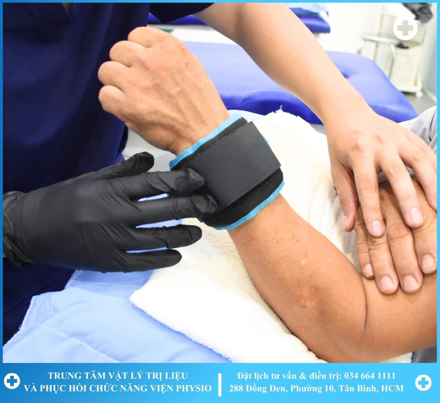 A therapist working with a patient on a rehabilitation machine with greenery in the background