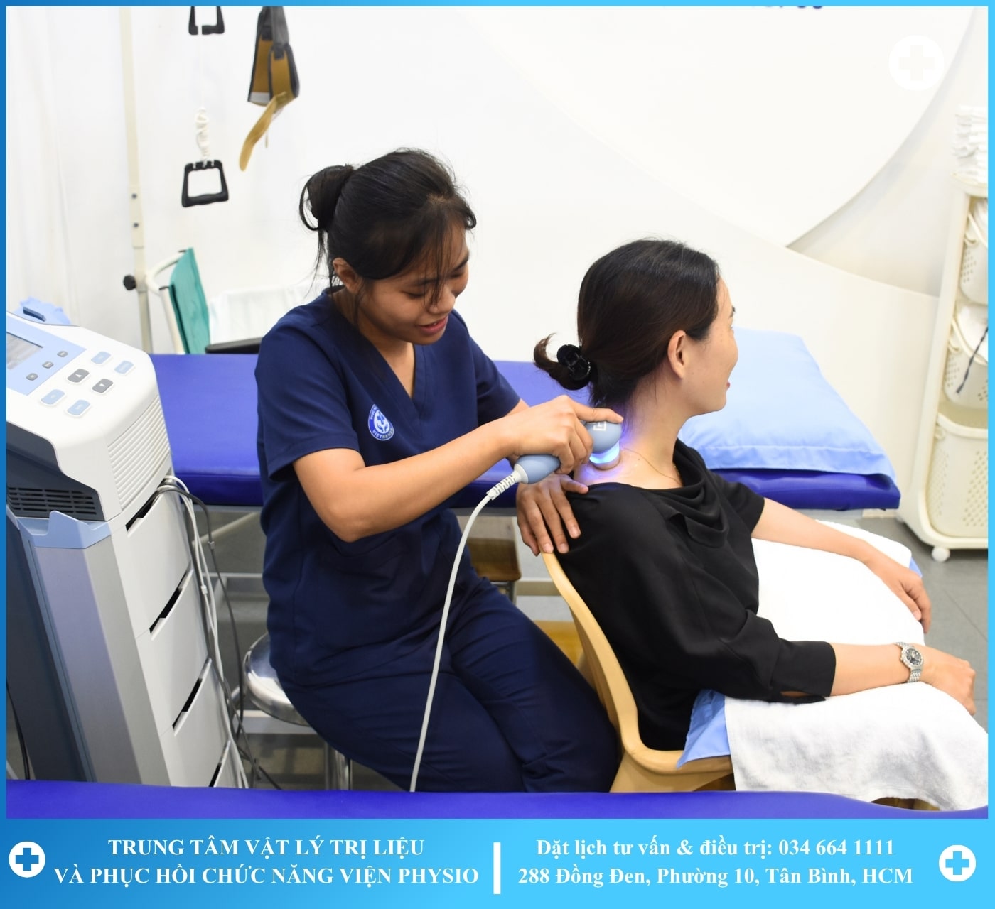 A therapist working with a patient on a rehabilitation machine with greenery in the background